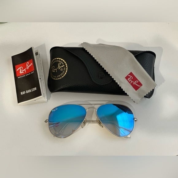 Ray-Ban Aviator Blue Flash L XL Sunglasses 58mm Silver Frame Yellow Tint Lens - Picture 2 of 11